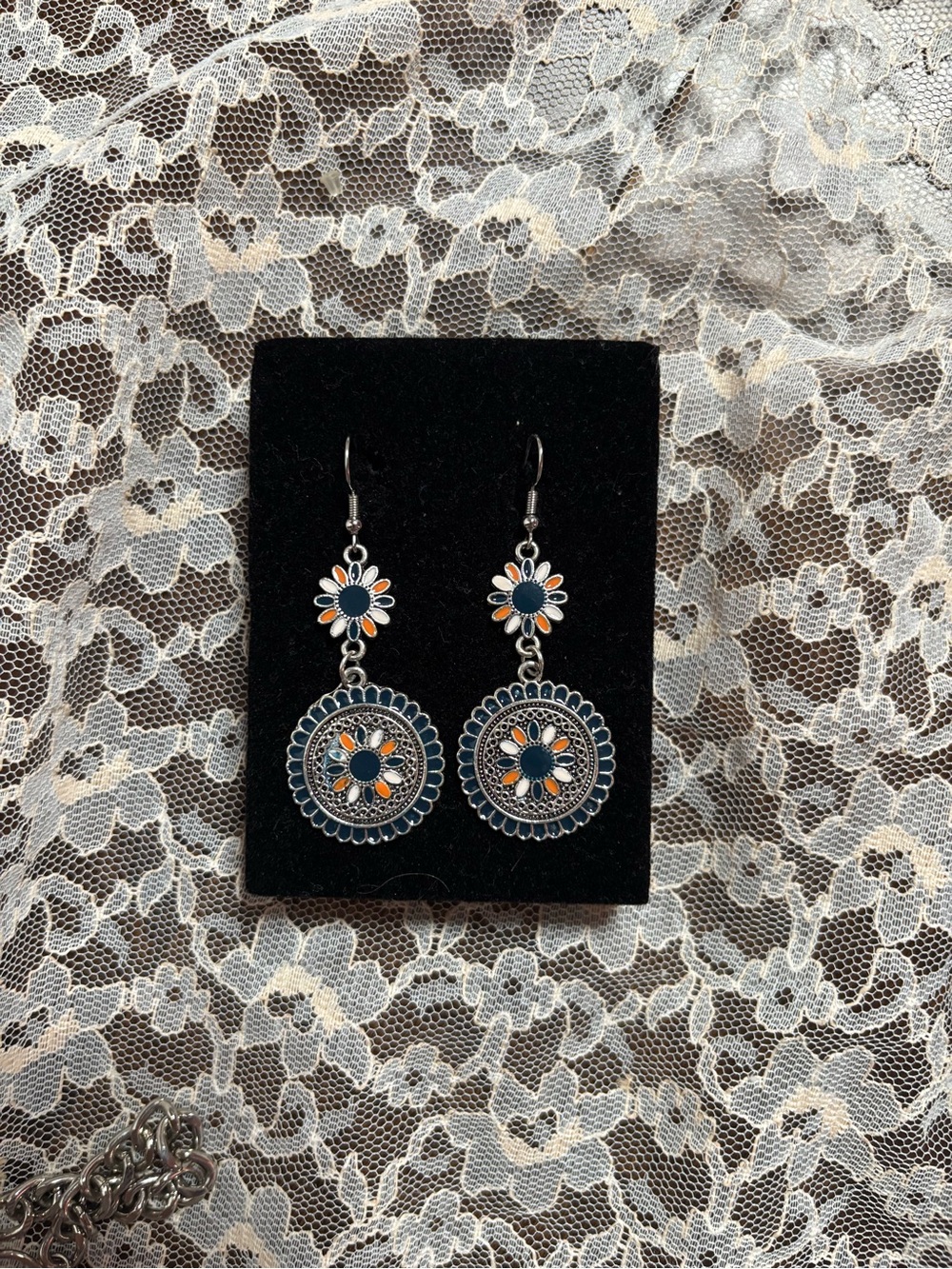 Boho Floral Dangle Earrings in Navy and Orange - Picture 1 of 1